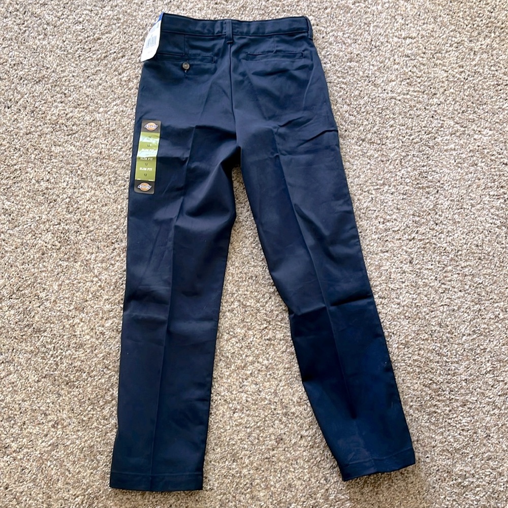 NWT Dickies Boys Flat Front Flex Khaki Pants Slim Fit - Navy Blue - Size 12